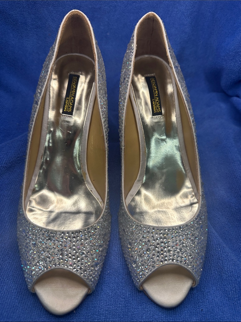Benjamin Adam’s Silver silk / Crystal Peep-Toe Heels - - Picture 3 of 14